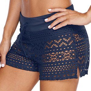 Womens Side Split Waistband Bokini Swim Lace Shorts with Panty Liner